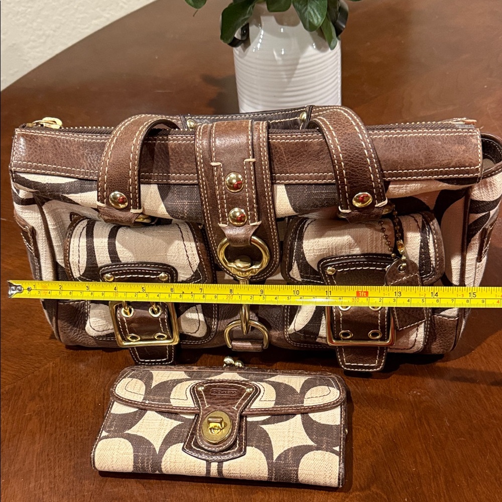 Coach Brown and Cream Satchel with Buckle Details and matching wallet